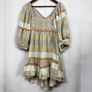 Free People Striped Mini Dress All Lined Up Woven Large Boho Rustic Ivory Tie